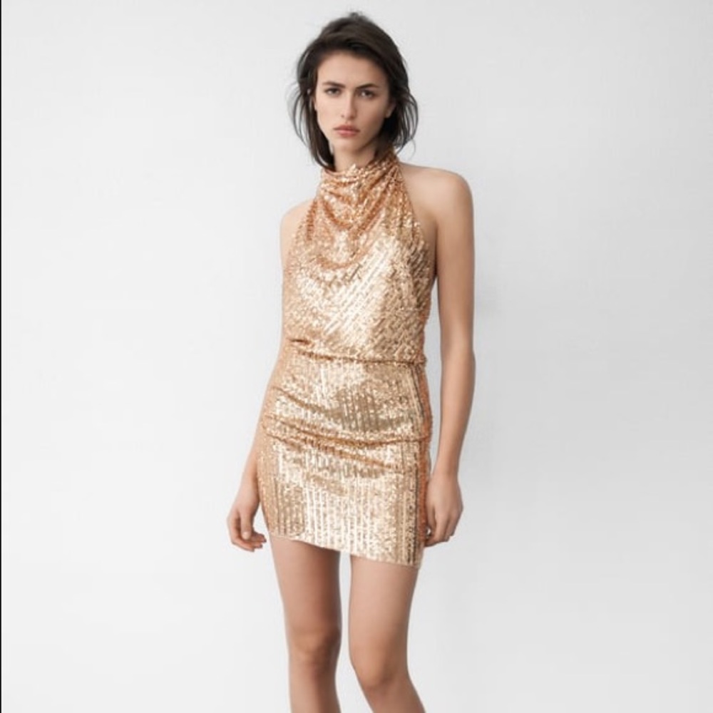 ZARA SHORT SEQUIN DRESS GOLDEN S